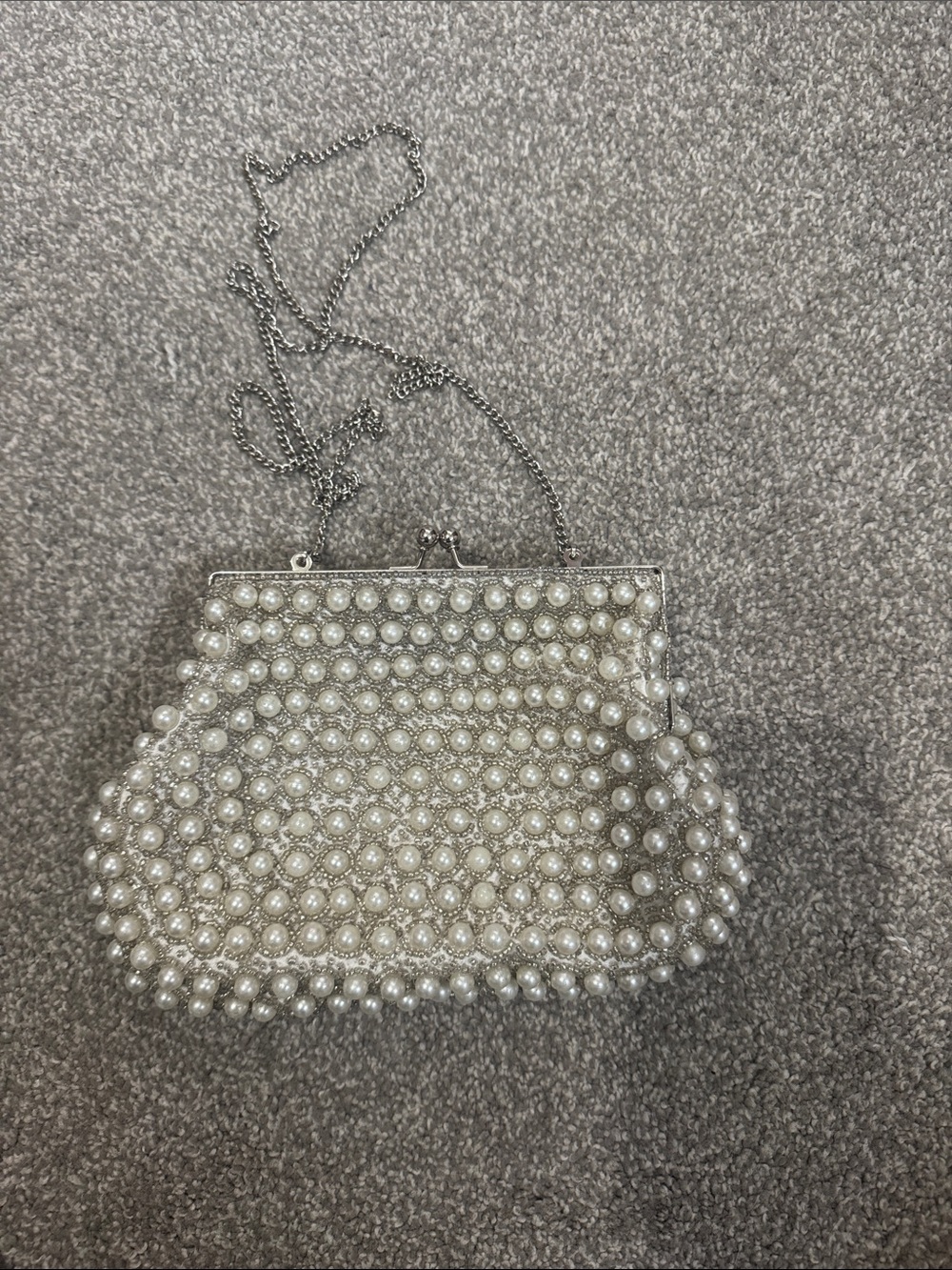 Lulu's Pearl Beaded Clutch with Silver Chain